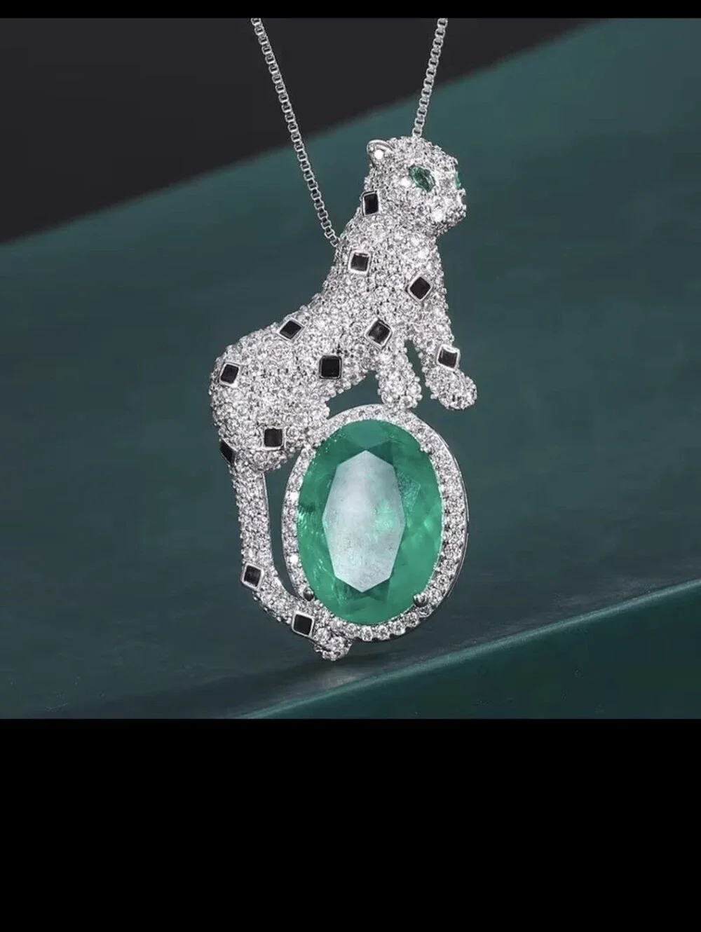 Emerald Green Diamond Leopard Charm Necklace